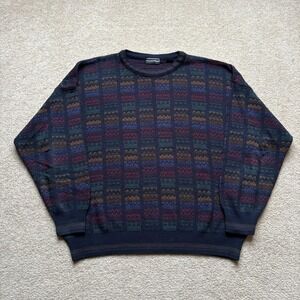 Vtg‎ Preswick & Moore Sweater Navy Multicolor Crewneck Knit Pullover Geometric